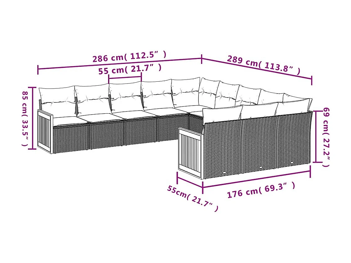 Salon de jardin 11 pcs avec coussins gris résine tressée