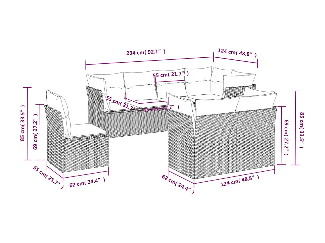 Salon de jardin 8 pcs avec coussins marron résine tressée