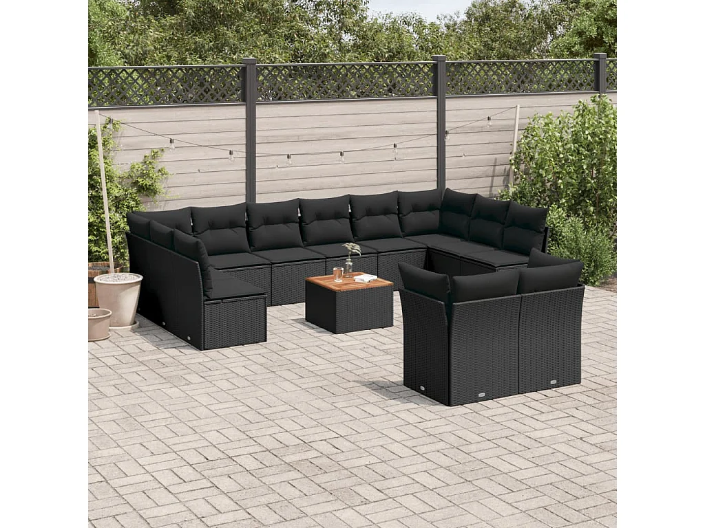 Salon de jardin avec coussins 13 pcs noir résine tressée