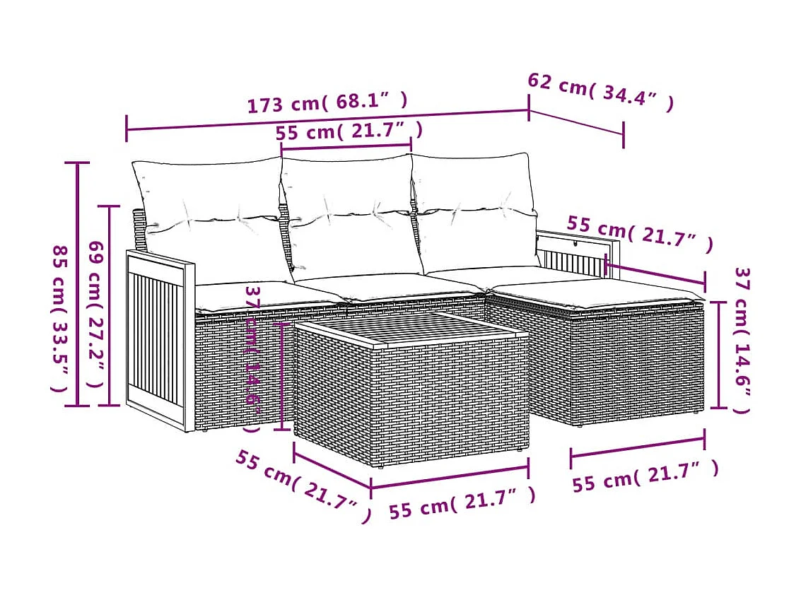 Salon de jardin avec coussins 5 pcs beige résine tressée