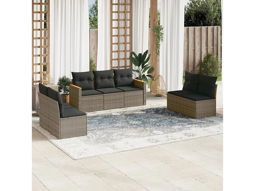 Salon de jardin avec coussins 7 pcs gris résine tressée