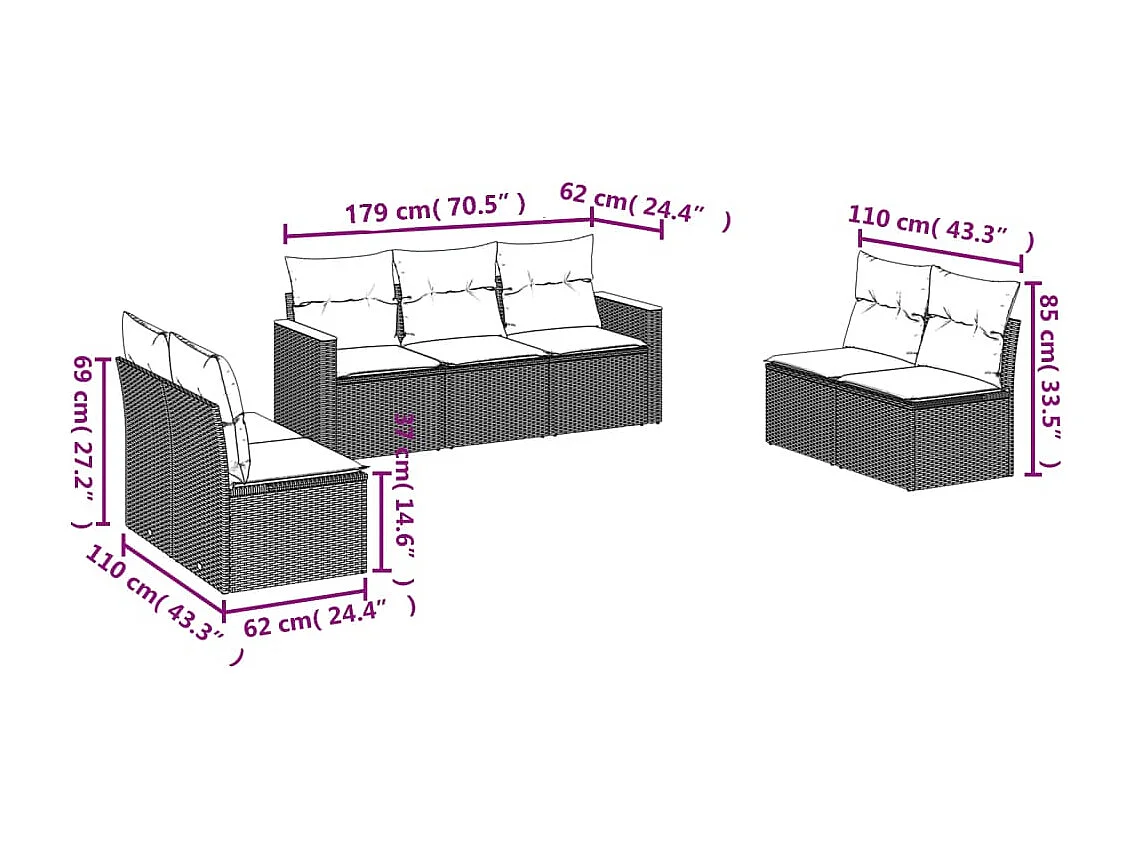 Salon de jardin avec coussins 7 pcs gris résine tressée