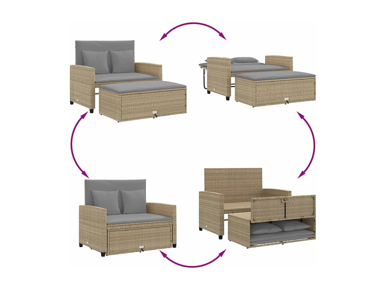 Canapé de jardin avec coussins 2 places beige résine tressée