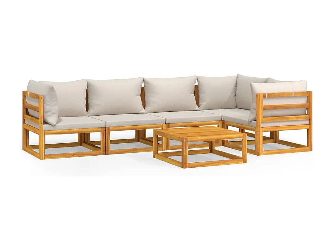 Salon de jardin 6 pcs avec coussins gris clair bois massif