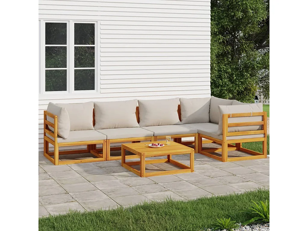 Salon de jardin 6 pcs avec coussins gris clair bois massif