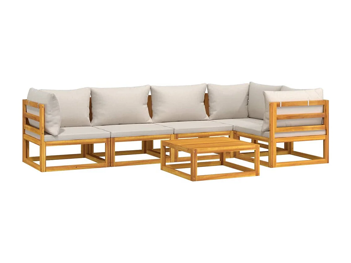 Salon de jardin 6 pcs avec coussins gris clair bois massif