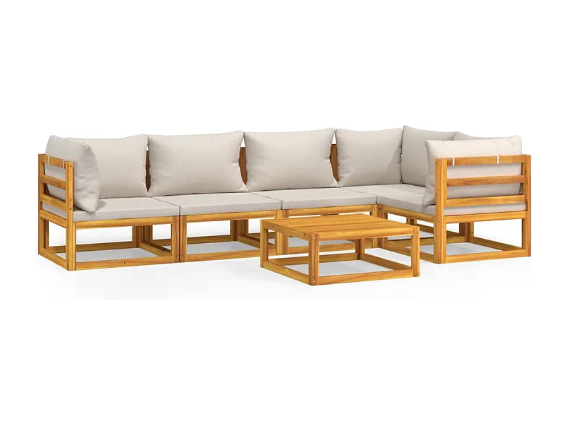 Salon de jardin 6 pcs avec coussins gris clair bois massif