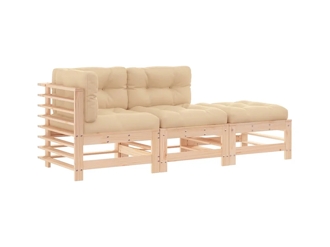 Salon de jardin 3 pcs avec coussins bois massif