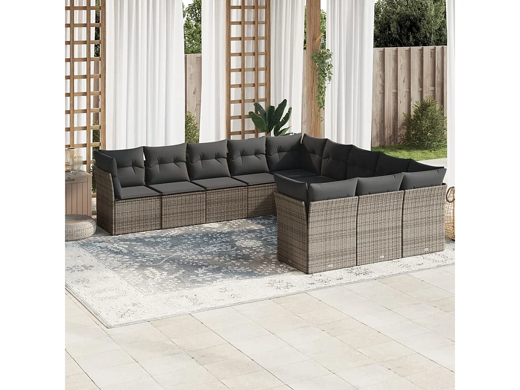 Salon de jardin 11 pcs avec coussins gris résine tressée