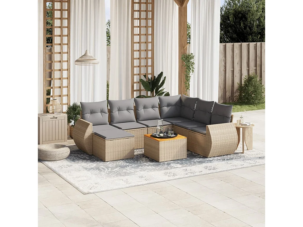 Salon de jardin avec coussins 8 pcs beige résine tressée