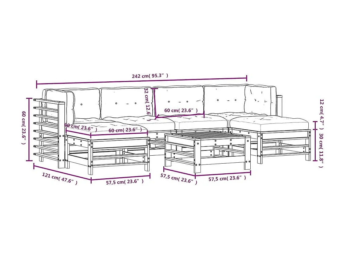 Salon de jardin 7 pcs avec coussins bois massif