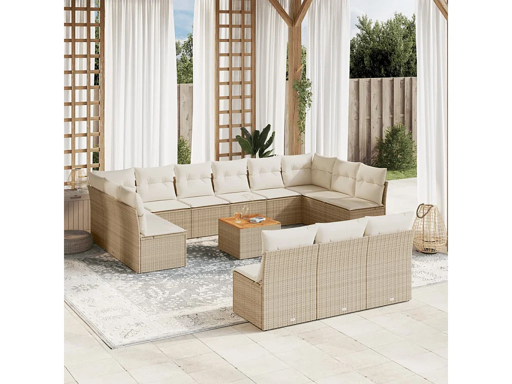 Salon de jardin avec coussins 14 pcs beige résine tressée