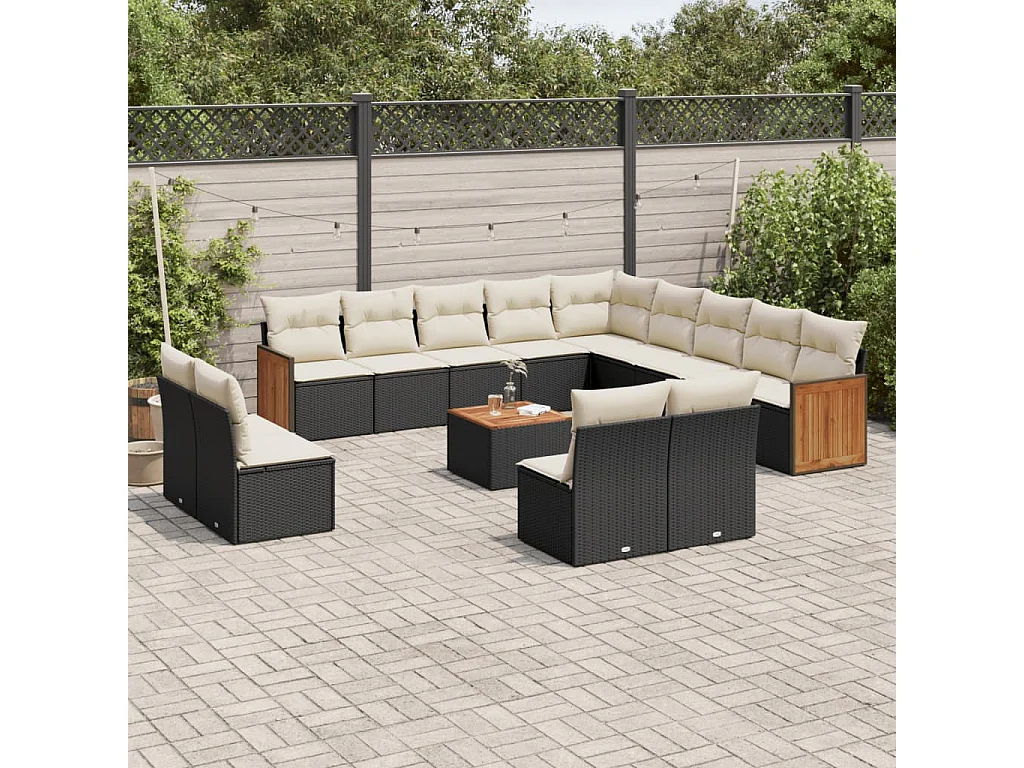 Salon de jardin avec coussins 14 pcs noir résine tressée