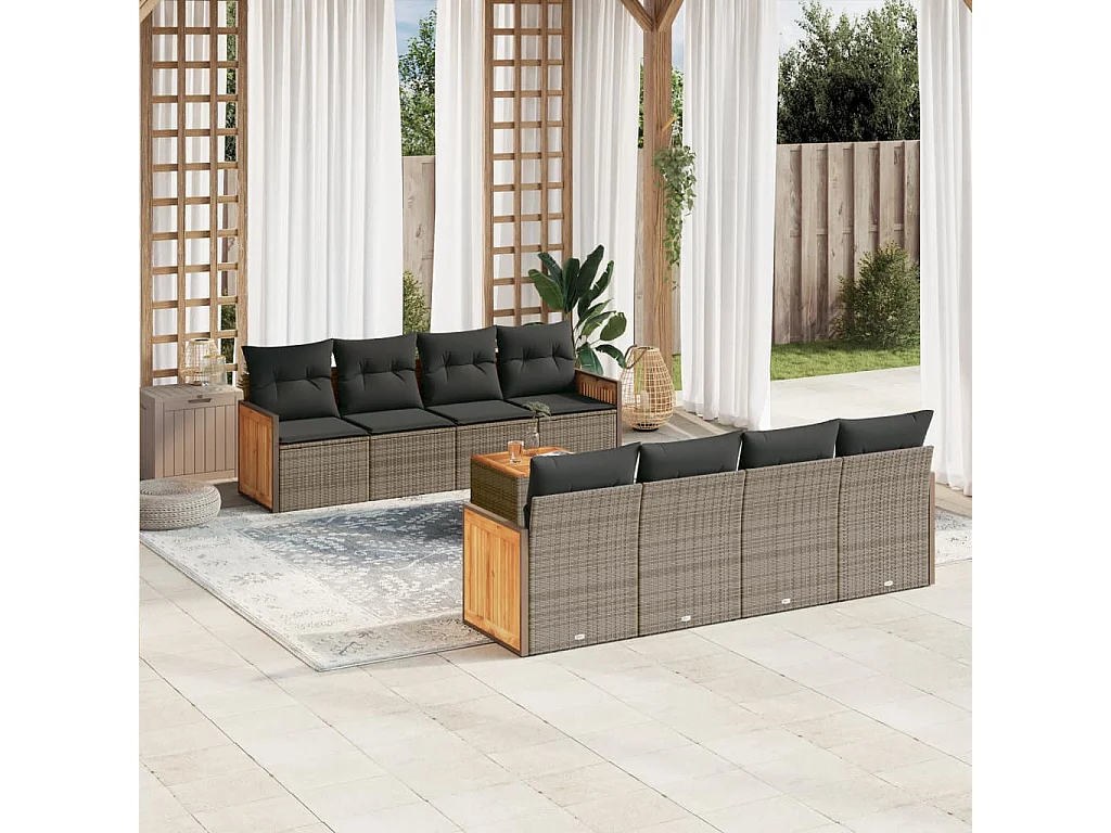 Salon de jardin 9 pcs avec coussins gris résine tressée