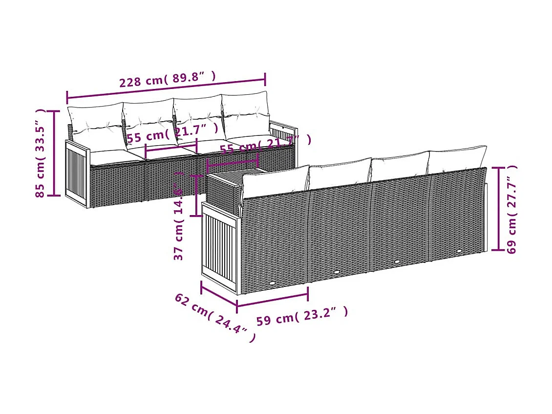 Salon de jardin 9 pcs avec coussins gris résine tressée