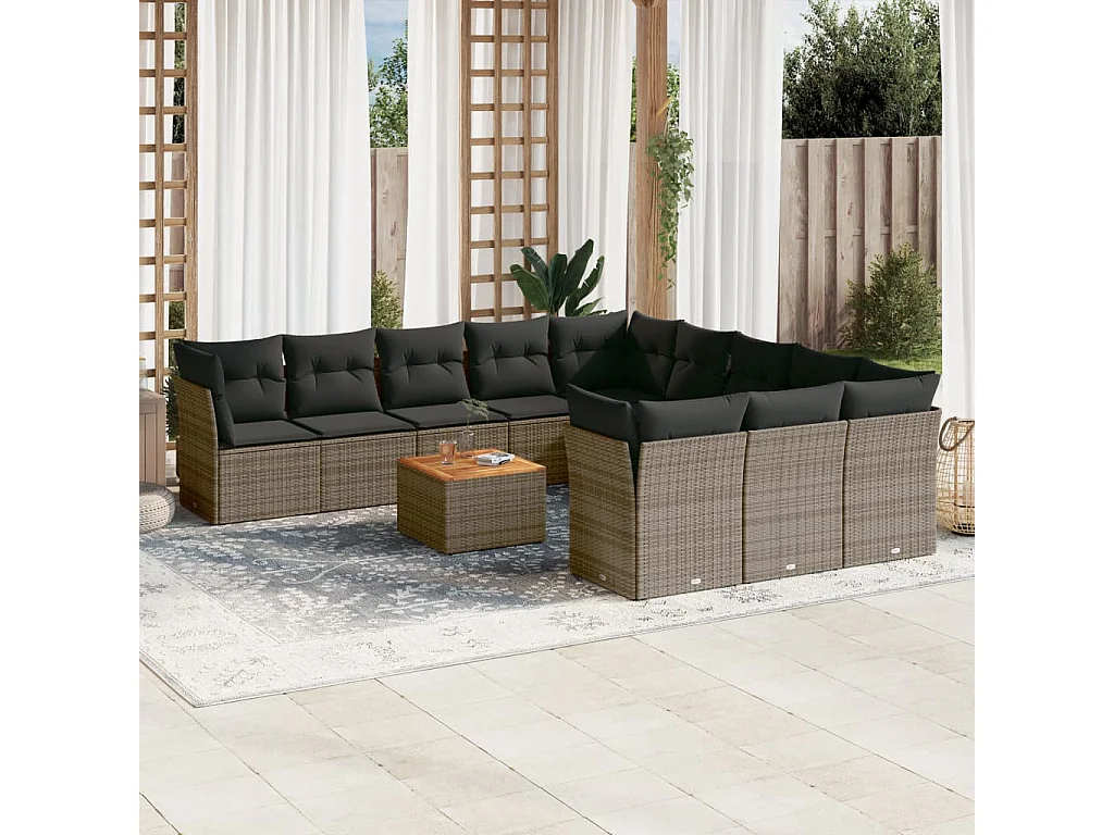 Salon de jardin avec coussins 12 pcs gris résine tressée