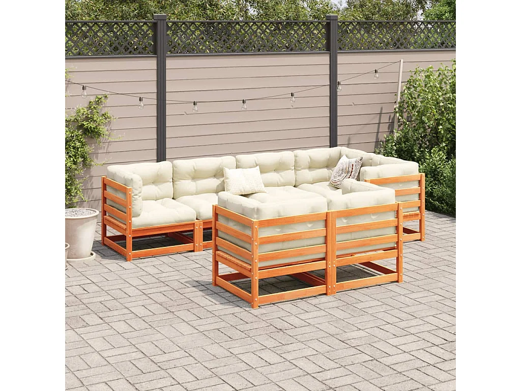 Salon de jardin 7 pcs avec coussins cire marron bois pin massif
