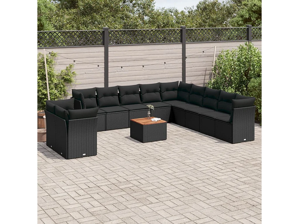 Salon de jardin 12 pcs avec coussins noir résine tressée