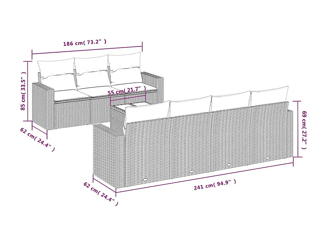 Salon de jardin 8 pcs avec coussins gris résine tressée