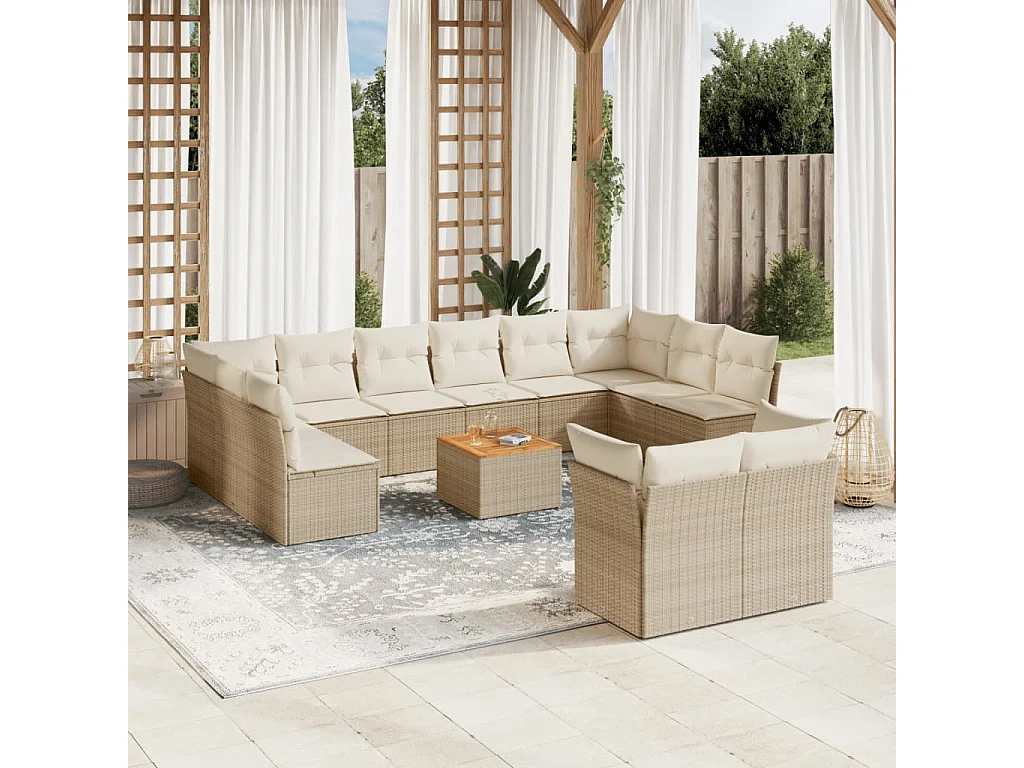 Salon de jardin avec coussins 13 pcs beige résine tressée