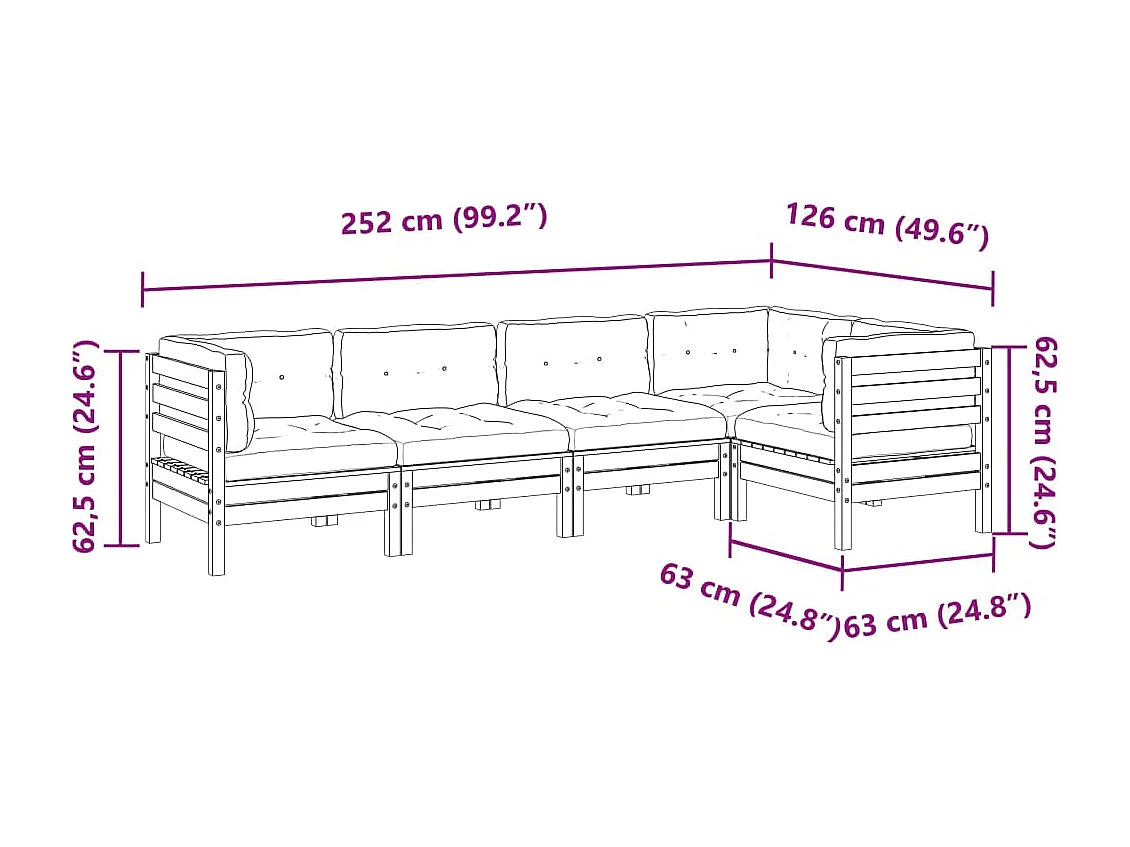 Salon de jardin 5 pcs avec coussins cire marron bois pin massif