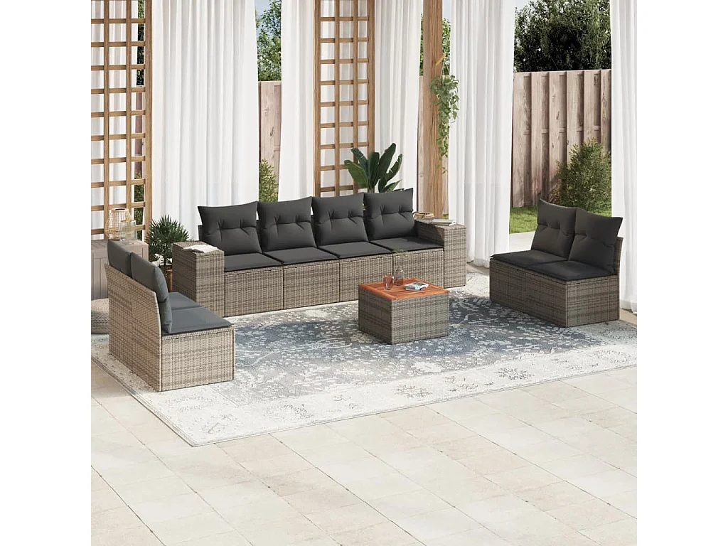 Salon de jardin 9 pcs avec coussins gris résine tressée
