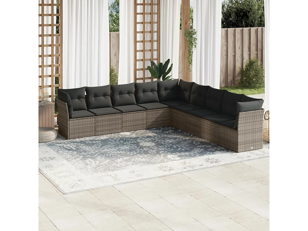 Salon de jardin 9 pcs avec coussins gris résine tressée
