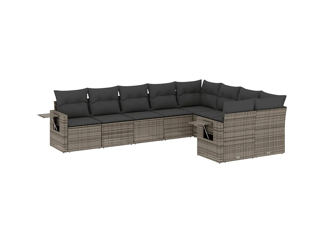 Salon de jardin 9 pcs avec coussins gris résine tressée