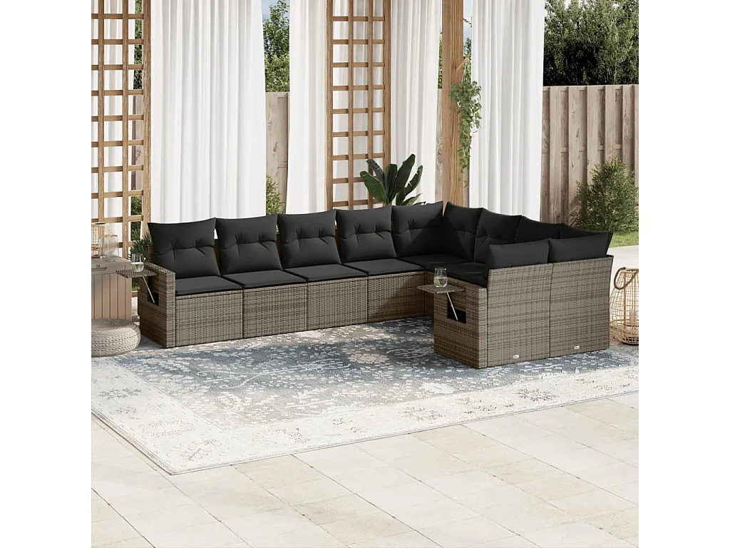 Salon de jardin 9 pcs avec coussins gris résine tressée
