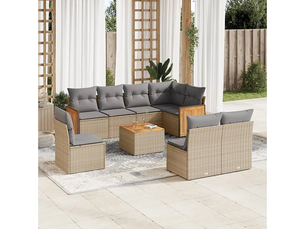 Salon de jardin avec coussins 9 pcs beige résine tressée