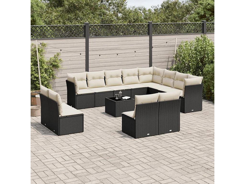 Salon de jardin avec coussins 13 pcs noir résine tressée