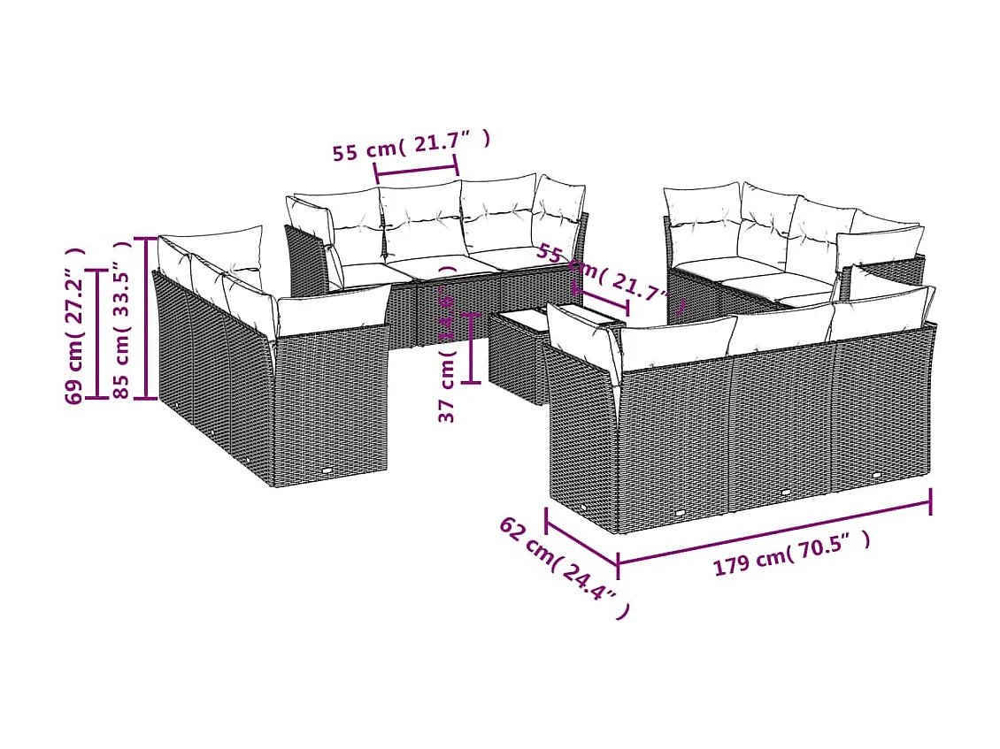 Salon de jardin avec coussins 13 pcs noir résine tressée