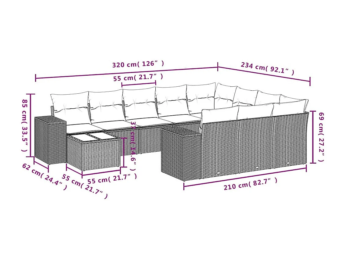 Salon de jardin 11 pcs avec coussins gris résine tressée