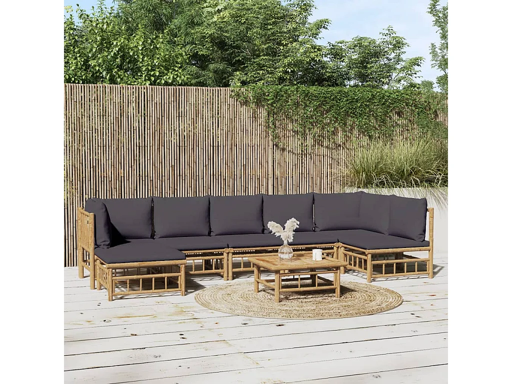 Salon de jardin 8 pcs avec coussins gris foncé bambou