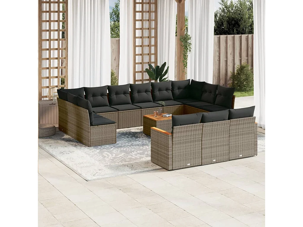 Salon de jardin avec coussins 14 pcs gris résine tressée