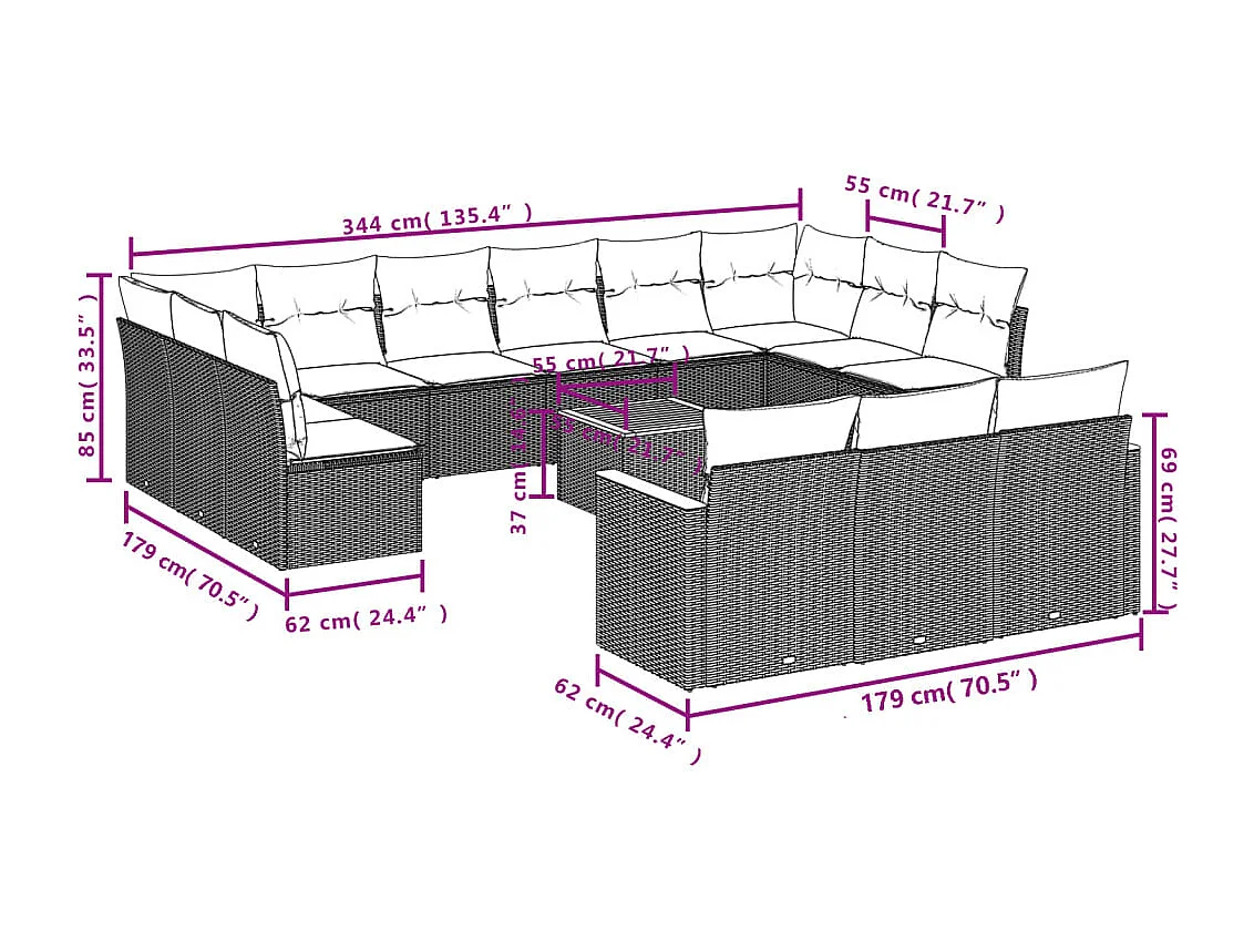 Salon de jardin avec coussins 14 pcs gris résine tressée