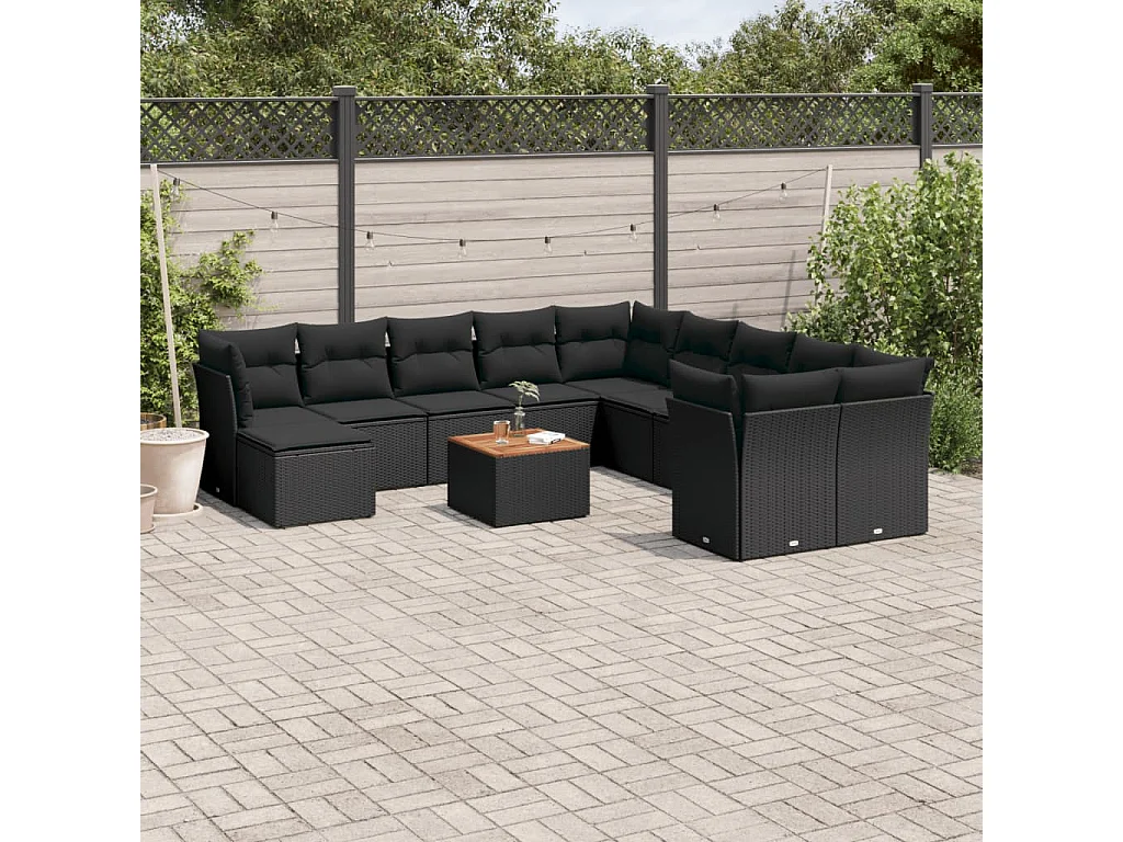 Salon de jardin 12 pcs avec coussins noir résine tressée