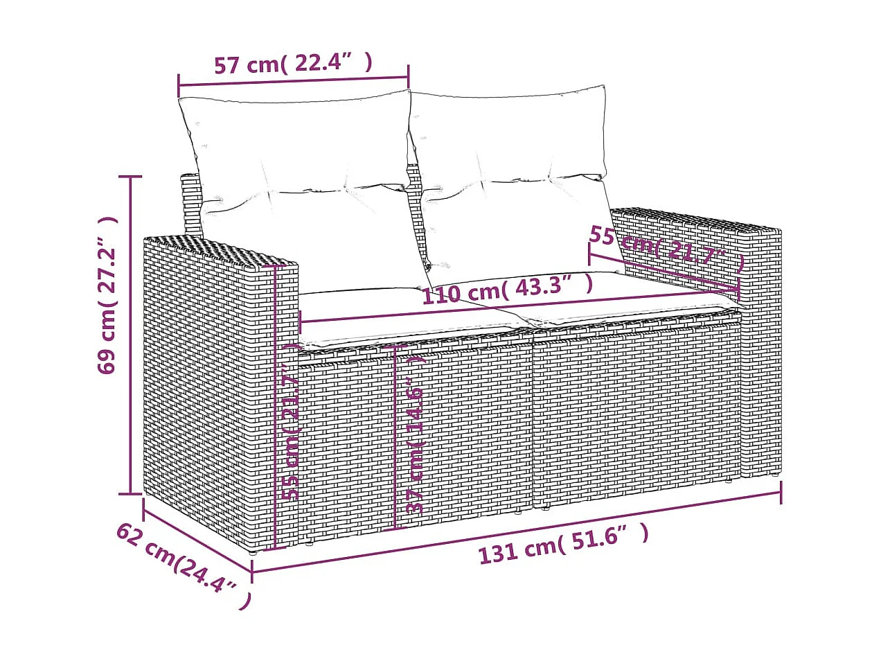 Canapé de jardin avec coussins 2 places beige résine tressée