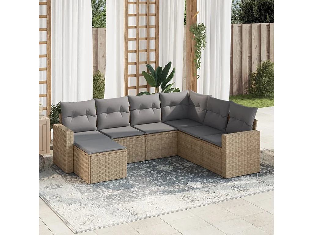 Salon de jardin avec coussins 7 pcs beige résine tressée