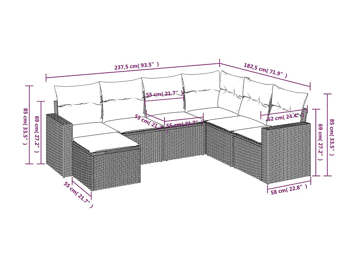 Salon de jardin avec coussins 7 pcs beige résine tressée