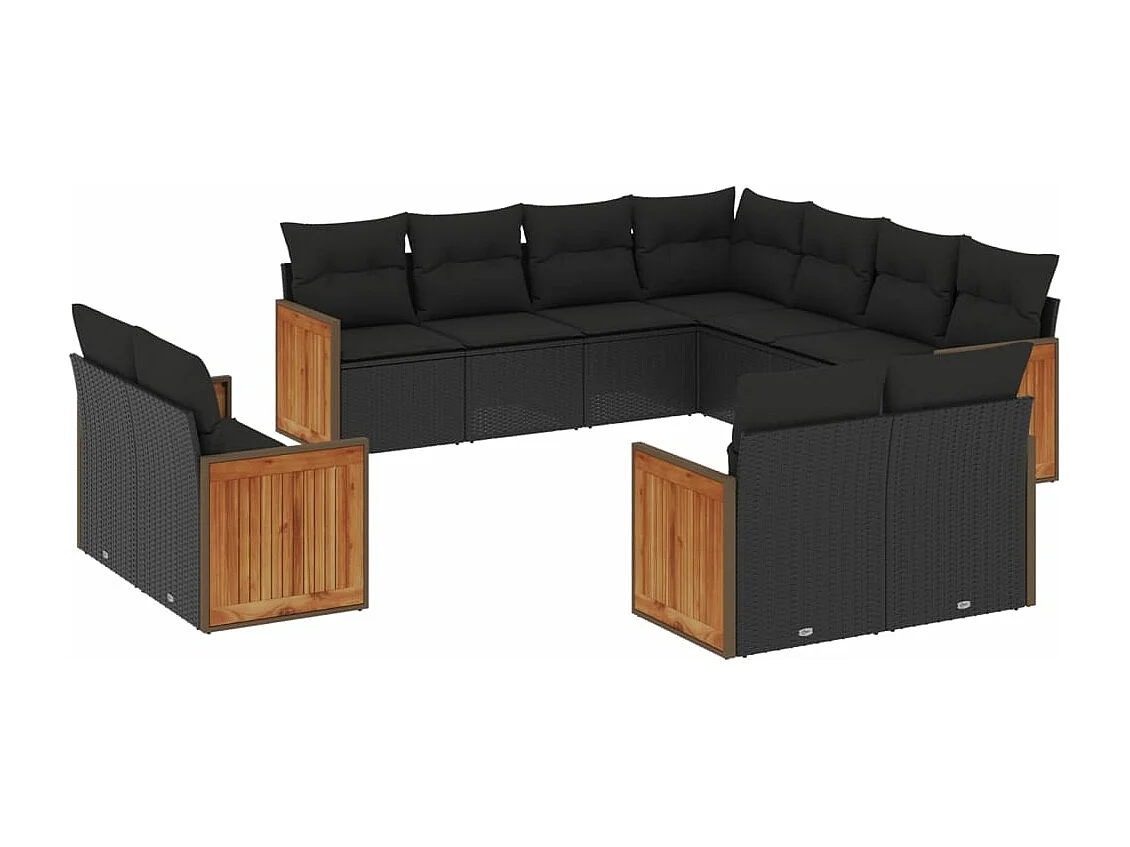 Salon de jardin 11 pcs avec coussins noir résine tressée