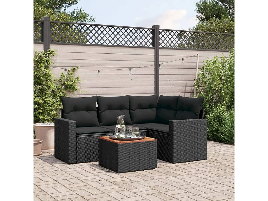 Salon de jardin 5 pcs avec coussins noir résine tressée