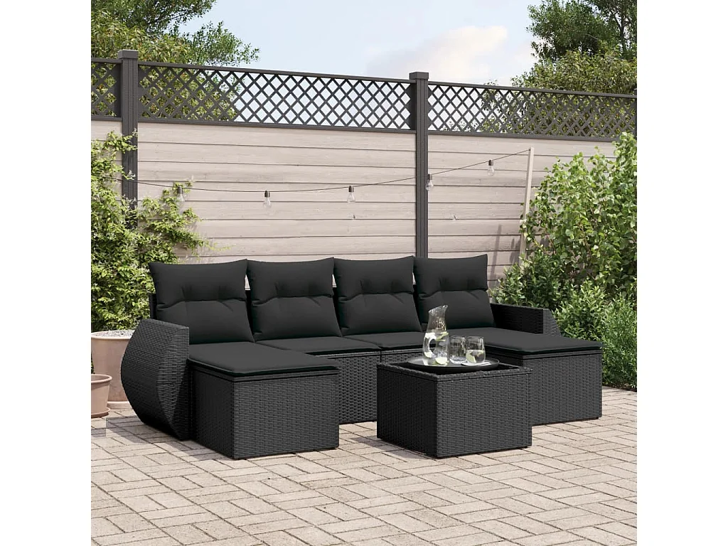 Salon de jardin 7 pcs avec coussins noir résine tressée