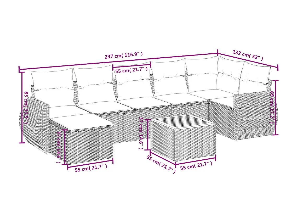 Salon de jardin avec coussins 8 pcs beige résine tressée