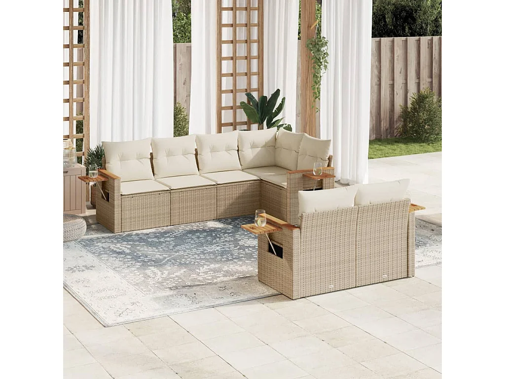 Salon de jardin avec coussins 7 pcs beige résine tressée