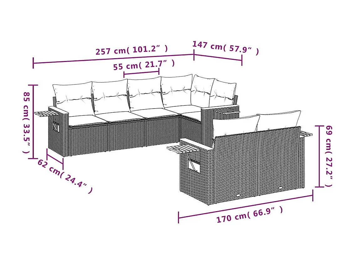 Salon de jardin avec coussins 7 pcs beige résine tressée