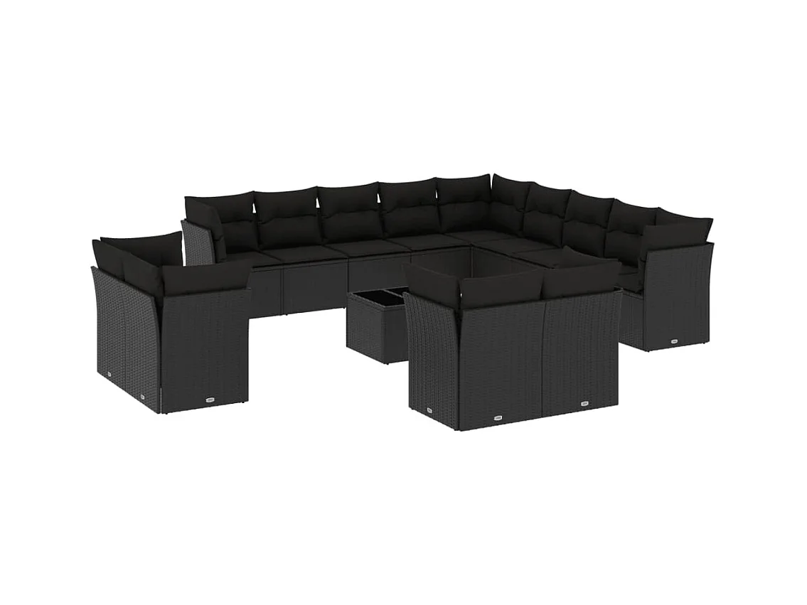 Salon de jardin avec coussins 14 pcs noir résine tressée