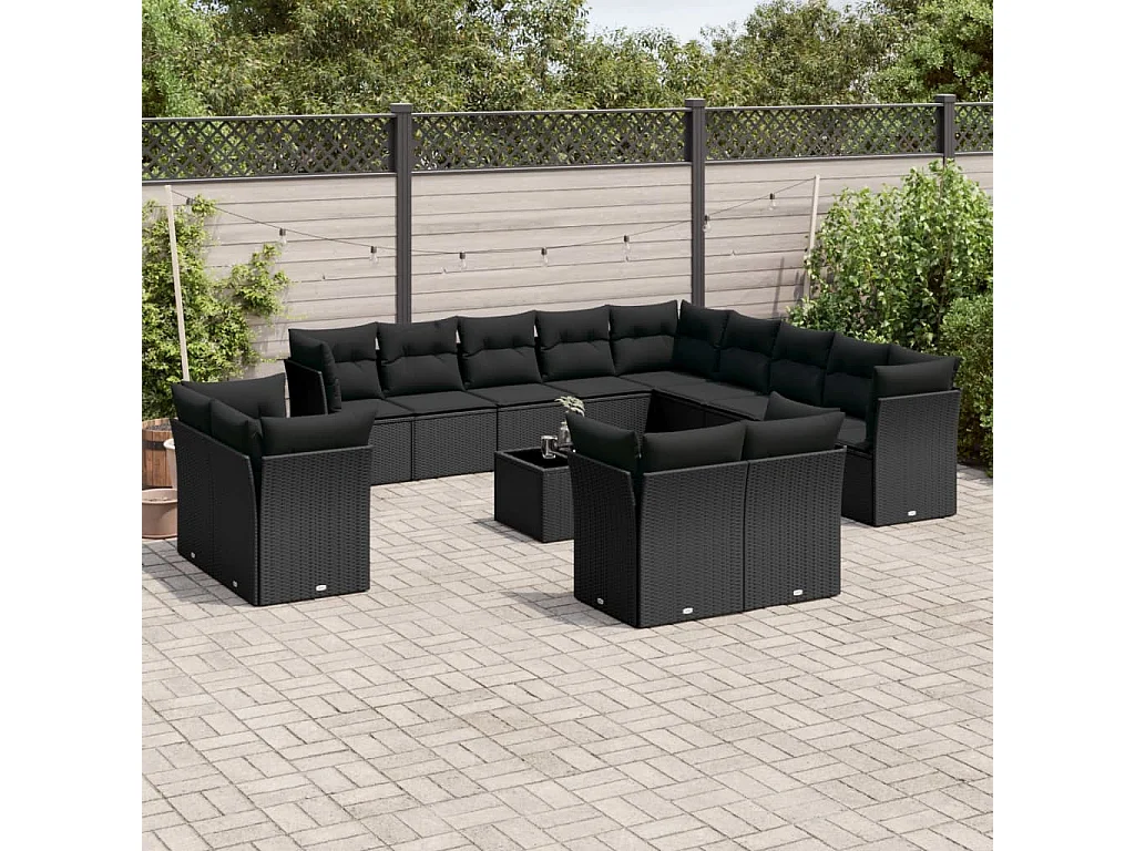 Salon de jardin avec coussins 14 pcs noir résine tressée