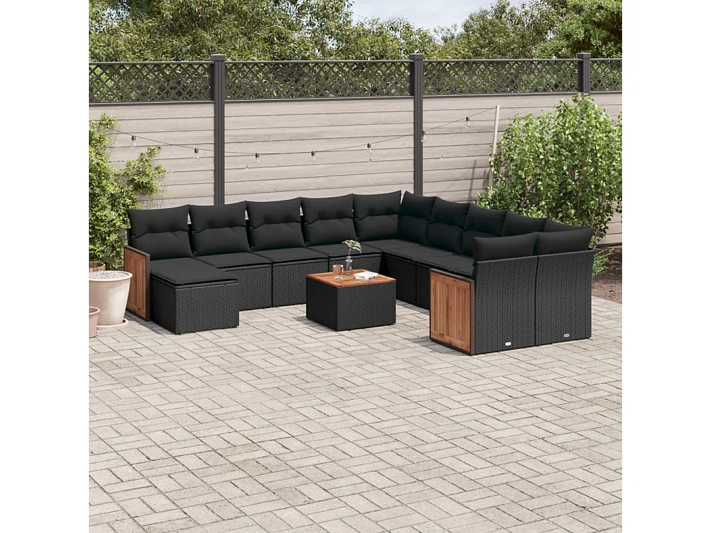 Salon de jardin 12 pcs avec coussins noir résine tressée