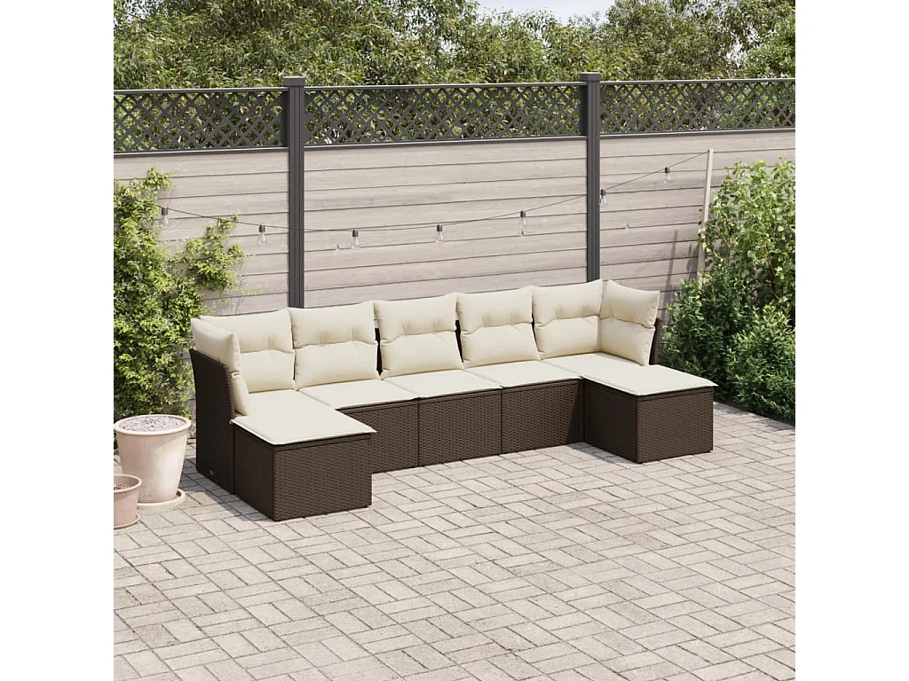 Salon de jardin avec coussins 7 pcs marron résine tressée